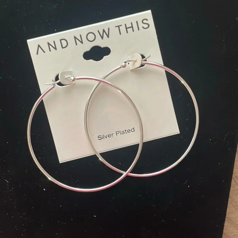 And Now This Womens Silver Plated 3 Inch Large Hoop Earrings Polished Hinge Post